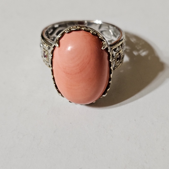 Vintage Michael Valitutti Coral & Ruby Accent Ring in Sterling & 18k Size 7.5! - Picture 5 of 10